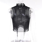 Sheer mesh see through beaded high neck crop top