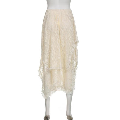 Irregular lace ruffle solid midi skirt