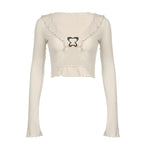 Flared sleeve v neck ruffle buckle ribbed solid crop top