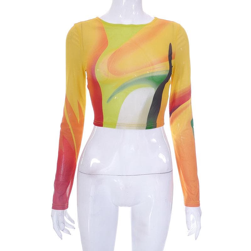 Sheer mesh see through long sleeve round neck contrast crop top