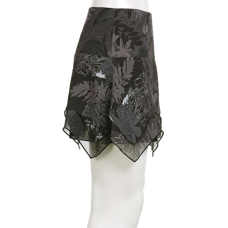 Chiffon zip-up irregular leaf print contrast mini skirt