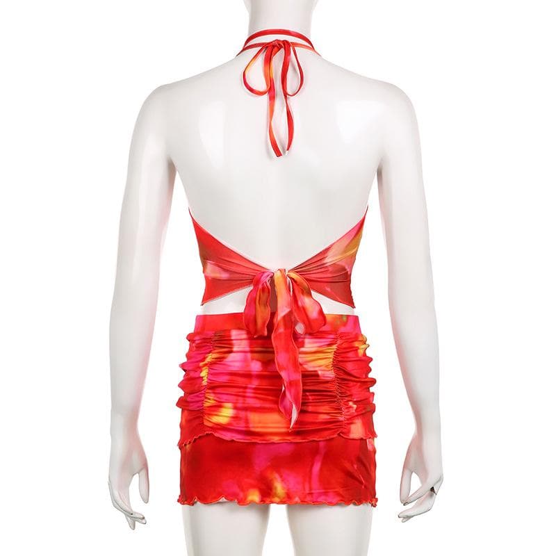 Halter self tie hollow out ruched drawstring knotted tie dye mini skirt set