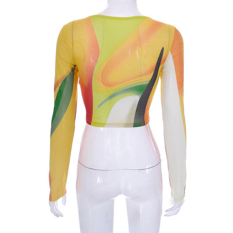 Sheer mesh see through long sleeve round neck contrast crop top