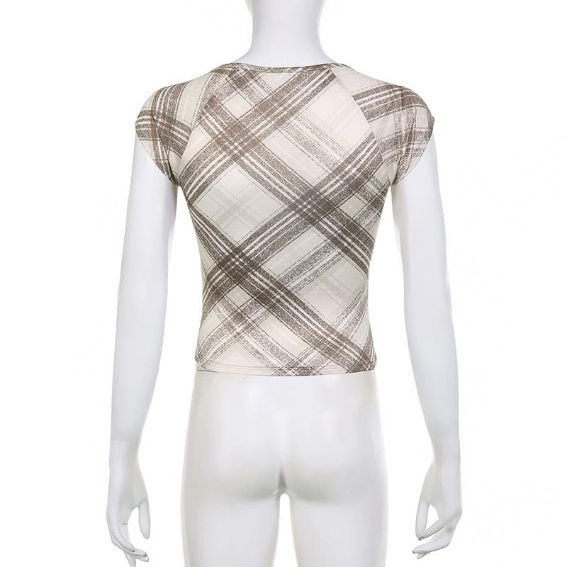 Cap sleeve contrast plaid ruched square neck crop top