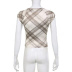 Cap sleeve contrast plaid ruched square neck crop top