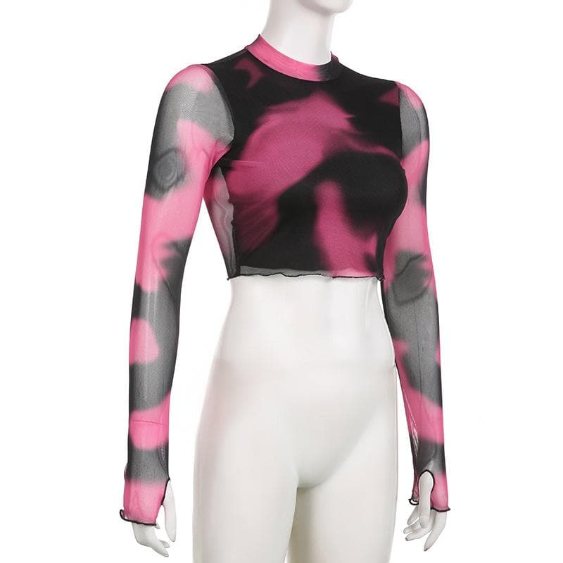 Long sleeve high neck gloves tie dye mesh crop top