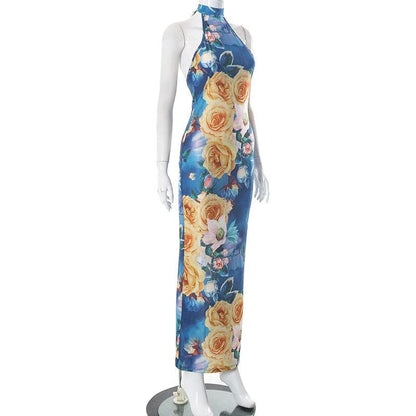 Rückenfreies Maxikleid aus transparentem Netzstoff mit Blumenmuster und Neckholder in Kontrastfarbe zum Binden 