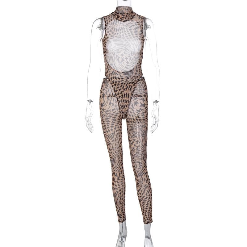Durchsichtiges Bodysuit-Hosenset aus transparentem Netzstoff mit hohem Halsausschnitt und ärmellosem Sternmuster 