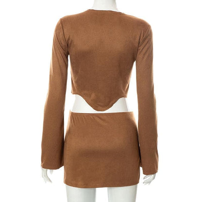 Long sleeve solid v neck slit mini skirt set