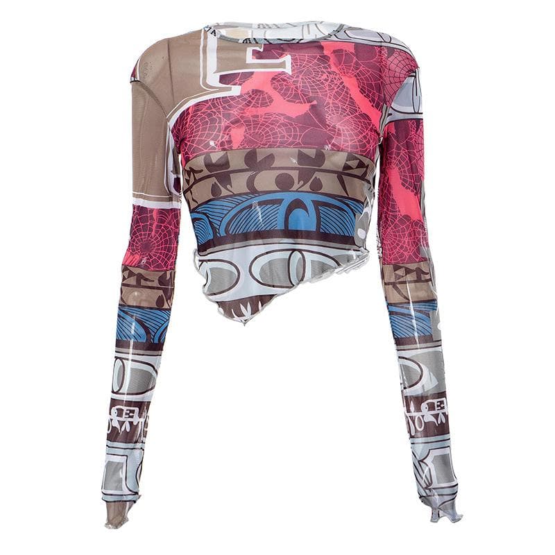 Sheer mesh see through contrast print long sleeve gloves crewneck crop top