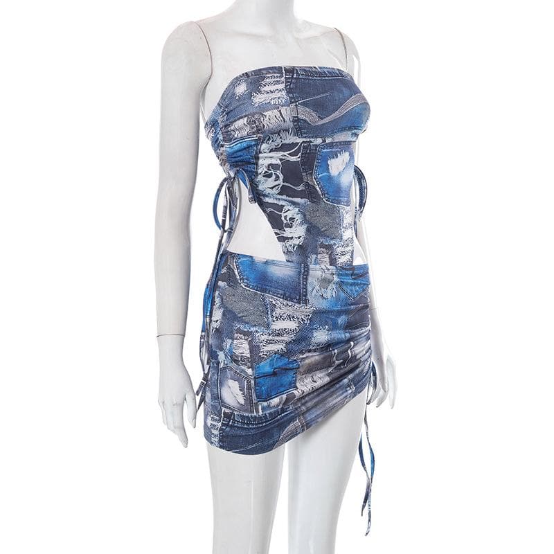 Denim print contrast drawstring self tie backless tube mini skirt set