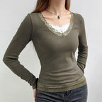 Long sleeve patchwork ribbed lace hem top - Final Sale