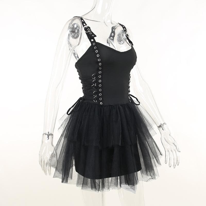 Rückenfreies, einfarbiges Minikleid mit Schnürung, gerüschter Netzschnalle