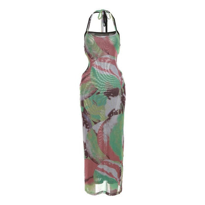 Halter self tie contrast print sheer mesh backless hollow out maxi dress