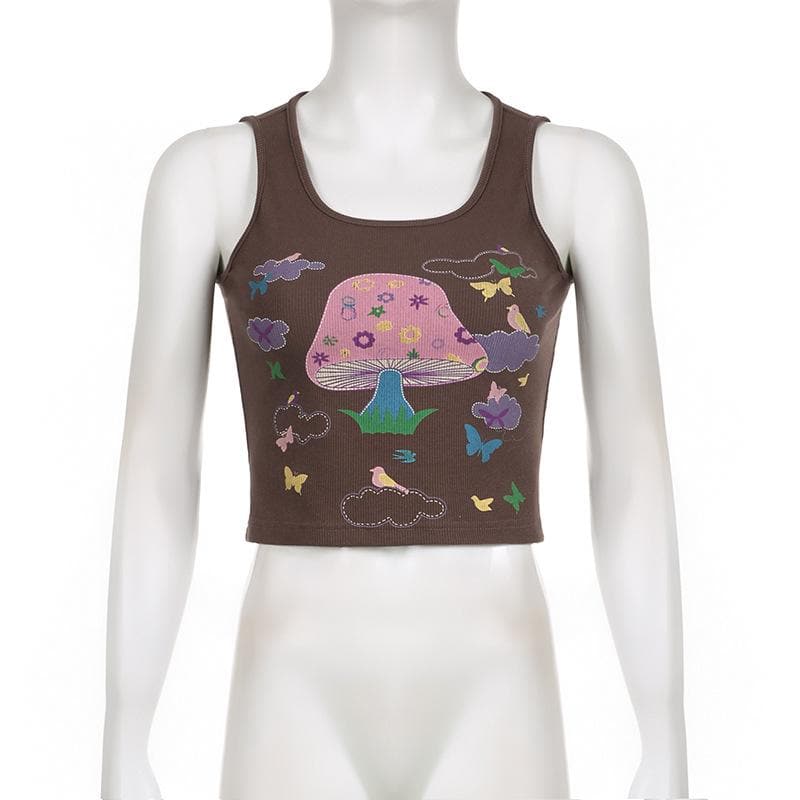 Butterfly pattern u neck contrast sleeveless crop top