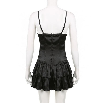 Rückenfreies, gerüschtes Camisole-Minikleid aus Satin mit V-Ausschnitt und Reißverschluss