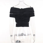 Flower applique ruched solid hollow out off shoulder top