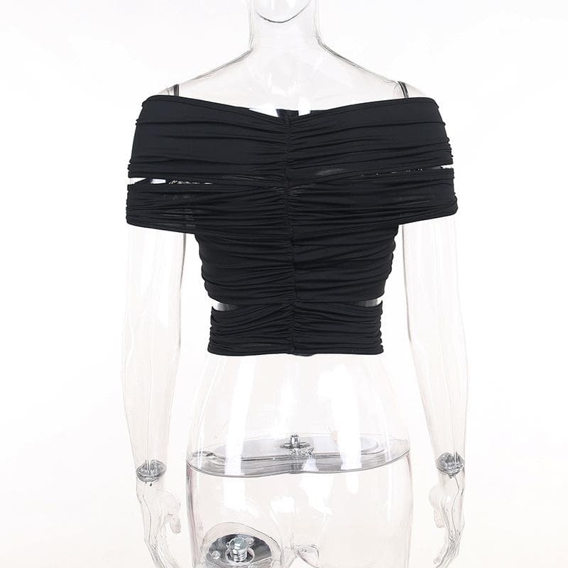 Flower applique ruched solid hollow out off shoulder top