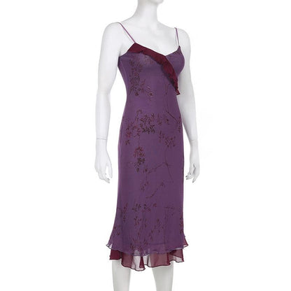 Mesh-Blumendruck, Rüschen, Reißverschluss, Patchwork, V-Ausschnitt, Camisole-Midikleid 