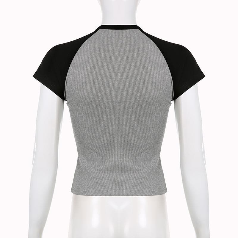 Ribbed abstract print patchwork crewneck short sleeve top