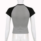 Ribbed abstract print patchwork crewneck short sleeve top