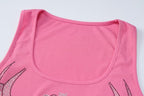 Beaded contrast abstract print u neck sleeveless ribbed crop top