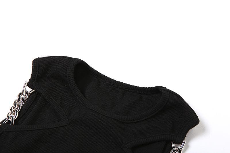 Crewneck sleeveless hollow out metal chain solid crop top