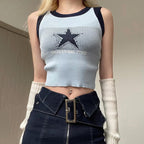 Ribbed star pattern contrast sleeveless crewneck crop top