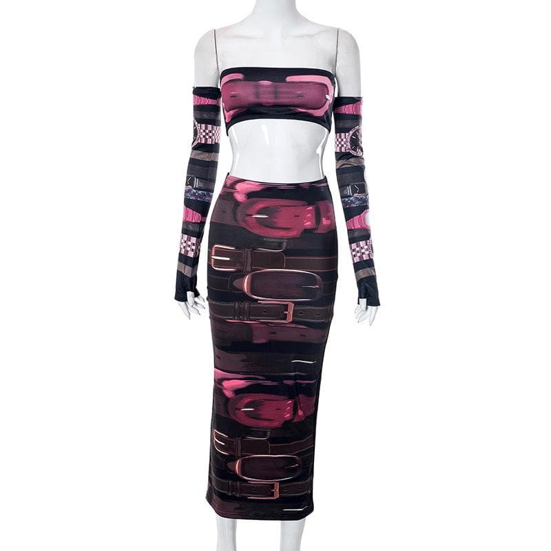 Gloves contrast print backless tube midi skirt set