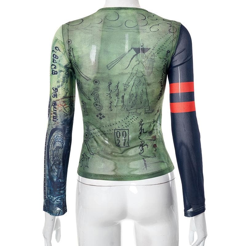 Long sleeve sheer mesh see through abstract print top