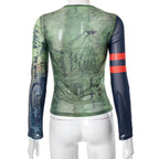 Long sleeve sheer mesh see through abstract print top