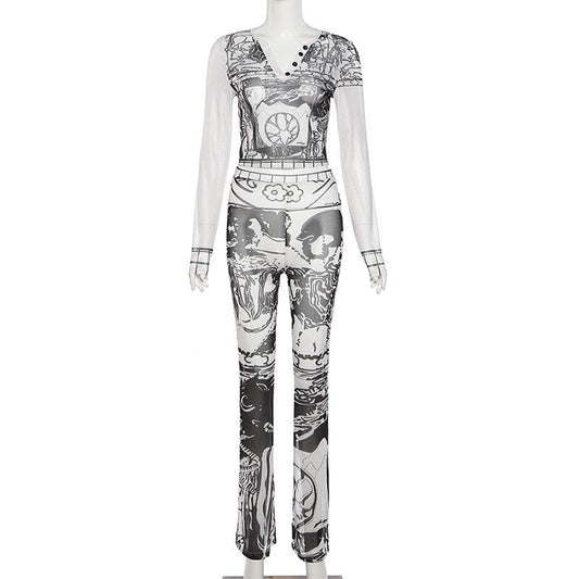 Completo pantaloni con stampa astratta a maniche lunghe e scollo a V con bottoni in rete trasparente 