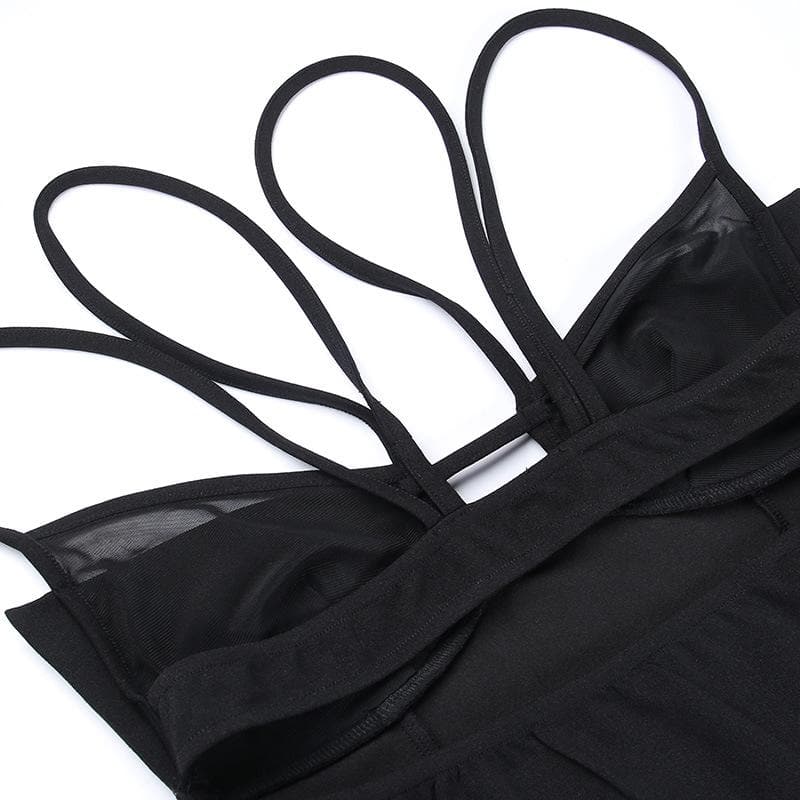 Mesh solid patchwork backless hollow out crop top