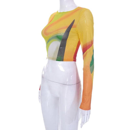 Sheer mesh see through long sleeve round neck contrast crop top
