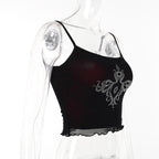 Beaded abstract u neck mesh ruffle cami crop top