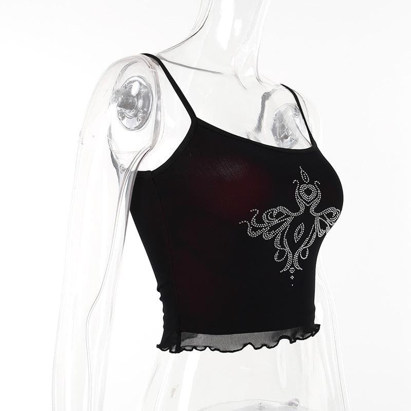 Beaded abstract u neck mesh ruffle cami crop top