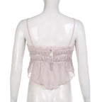 Chiffon solid pleated ruffle lace hem button cami crop top