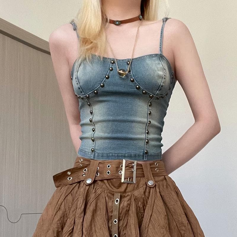 Beaded lace up stitch backless denim cami top