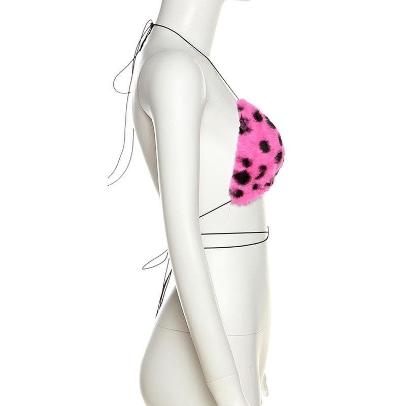 Reggiseno con anello a O e stampa leopardata pelosa con lacci e apertura sulla schiena 