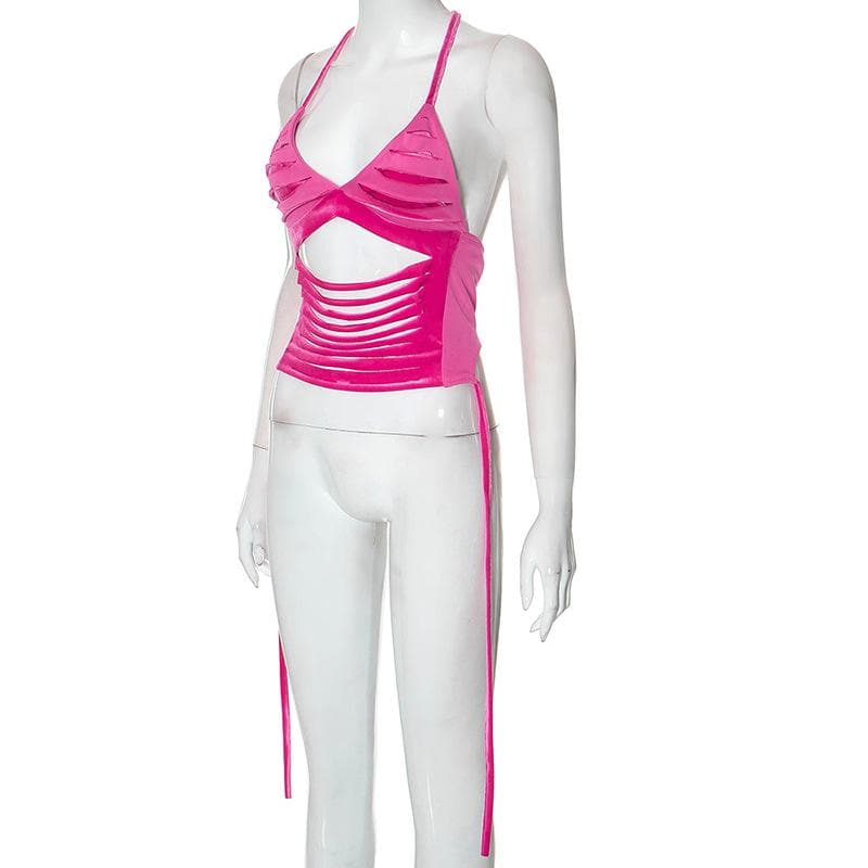 Hollow out self tie halter backless v neck crop top