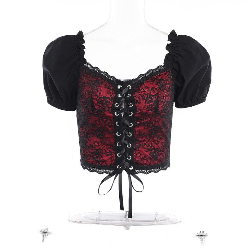 Puff sleeve contrast v neck lace patchwork lace up crop top