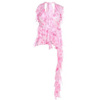 Top con scollo a V, volant e schiena irregolare, allacciabile a contrasto tie-dye 