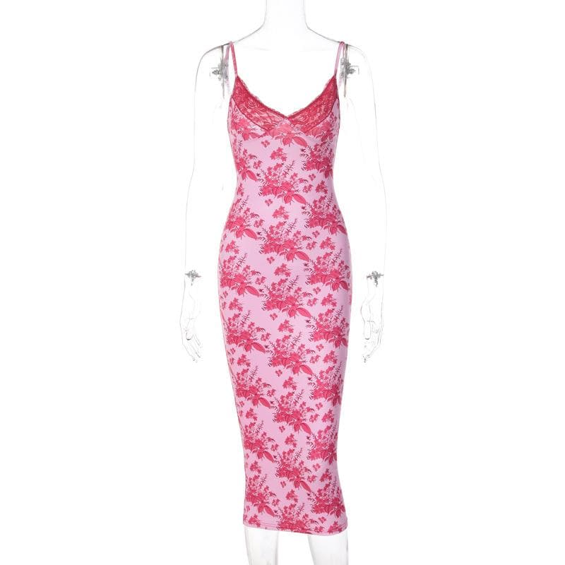 Rückenfreies Camisole-Midikleid mit Blumenmuster, Spitzensaum, V-Ausschnitt und Kontrast 