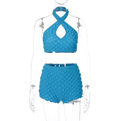 Cross front halter hollow out backless waffle solid pant set