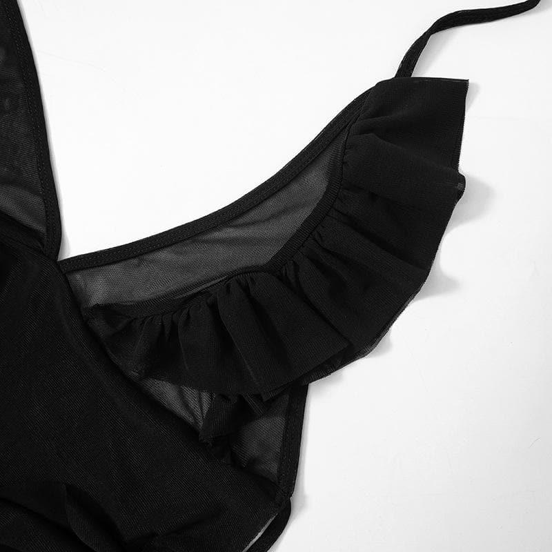 Neckholder-Crop-Top aus transparentem Netzstoff mit Rüschen und V-Ausschnitt 