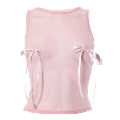 Sheer mesh see through bowknot sleeveless crewneck top