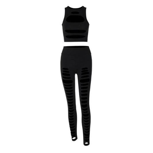 Hollow out solid sleeveless crewneck pant set