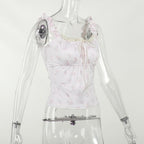 Flower print contrast sleeveless lace hem ruched top