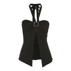 Slit ruched buckle solid heart neck halter top