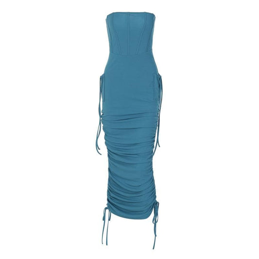 Gerüschtes, rückenfreies, einfarbiges Midi-Tube-Kleid mit Kordelzug 